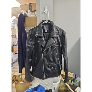 H&M Biker Faux Leather Black Jacket Size Large Lots Of Zippers